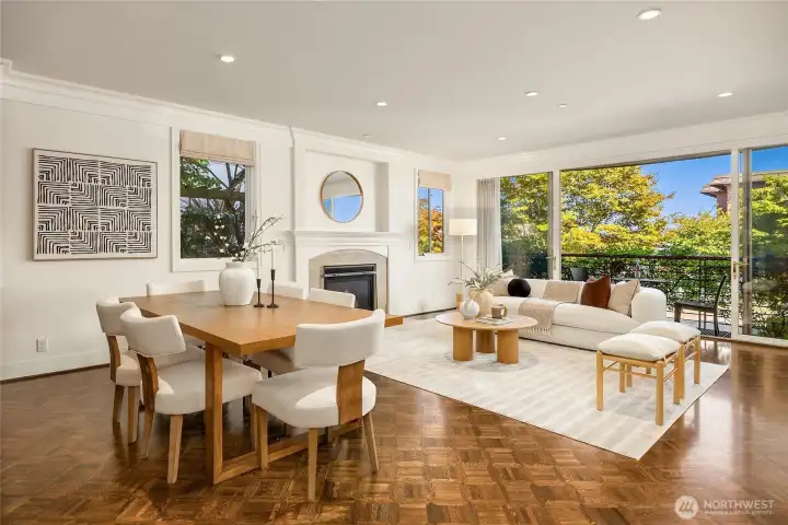 Beautiful parquet hardwood floors in the dayrooms.  High ceilings and a balcony with room for a bisto table and two chairs.  This 1400sf condo feels so much bigger!