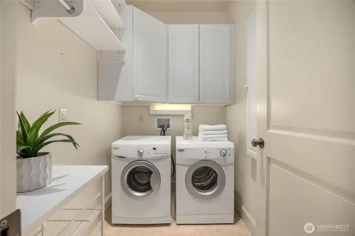 Laundry room with storage and a hanging rack.