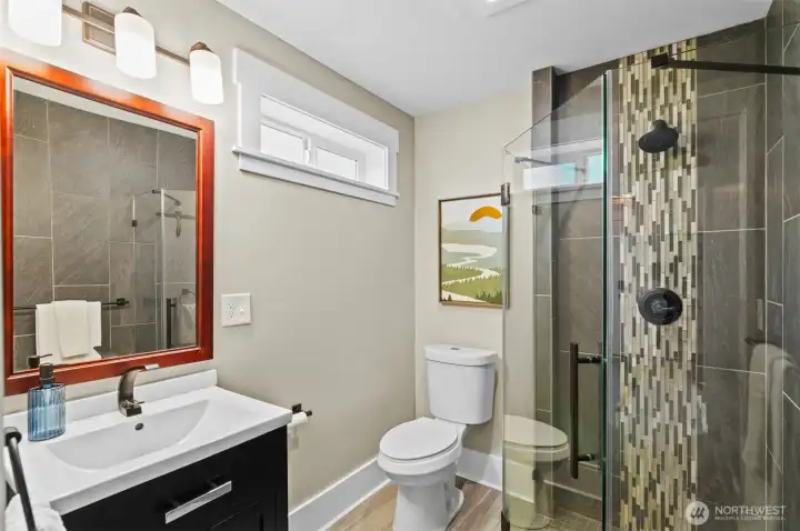 One level living and easy to maneuver bathroom space.