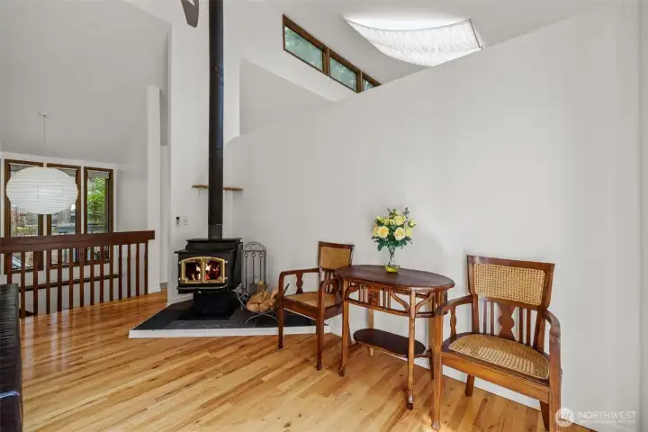 Woodburning fireplace.