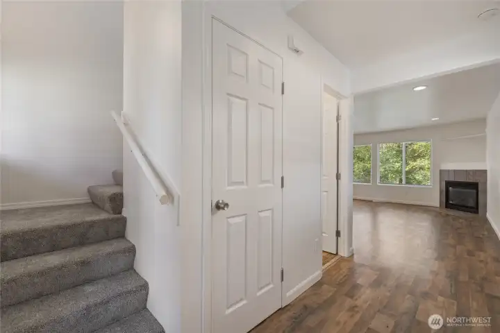 THE ENTRYWAY AND GENERAL LAYOUT. CLOSET TO THE LEFT HAS ACCESS TO THE CRAWLSPACE
