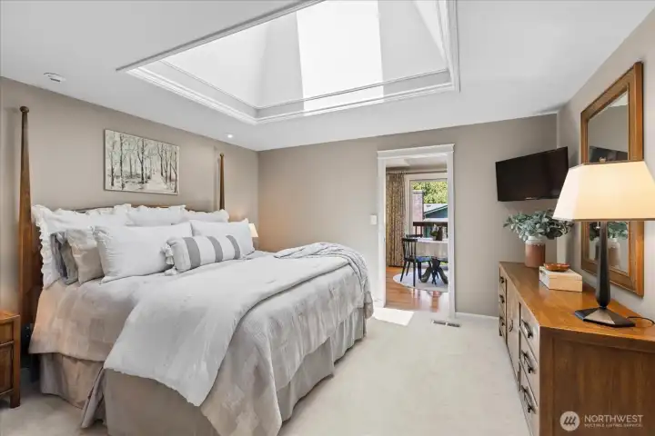Primary on main with a large skylight that opens