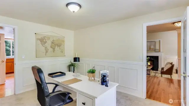 Conveniently located office on the main floor providing the perfect work/life balance. Enjoy access to/from the office on both sides leading to either the front living room & entryway or direct access to the kitchen.