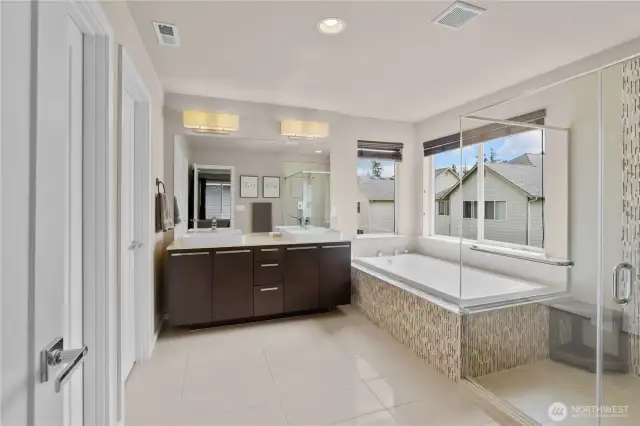 relax in the primary bathroom tub