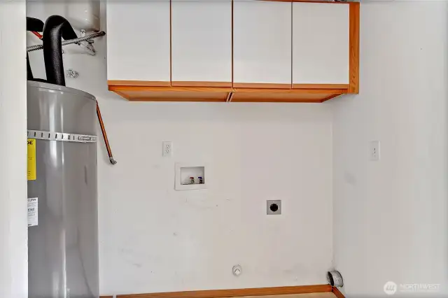 Dedicated laundry space with upper cabinets for added storage—tucked away for convenience without sacrificing functionality.