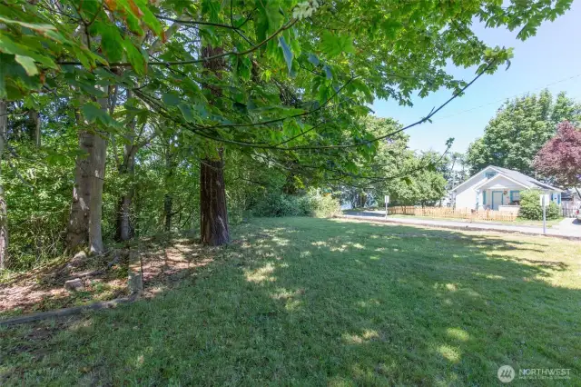 Side yard looking toward detached garage area