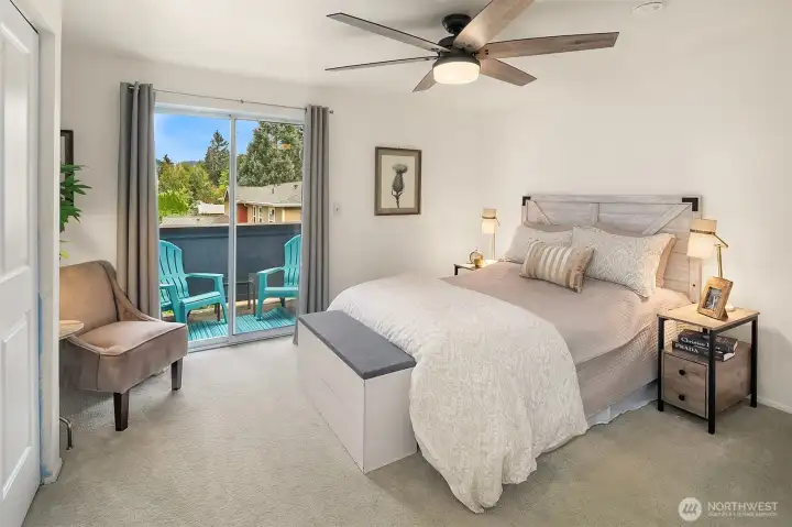 Primary bedroom with custom built in shelving in closet.
