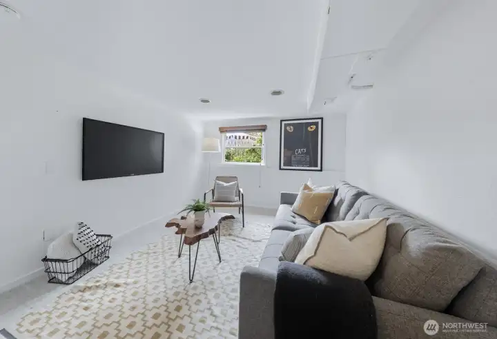 Fourth bedroom in the basement. This room has a closet, but is staged as a family room because it is quite large.