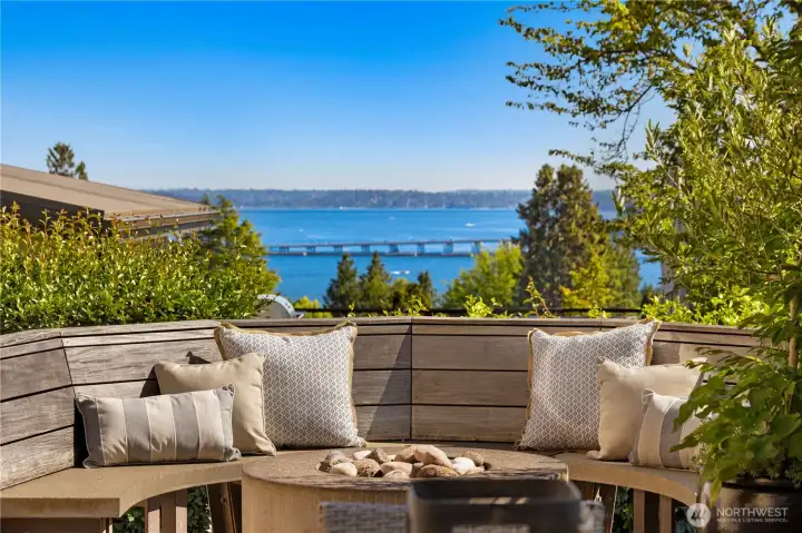 View facing South. The circular bench with gas fired fireplace is where everyone gets cozy as the night ends.