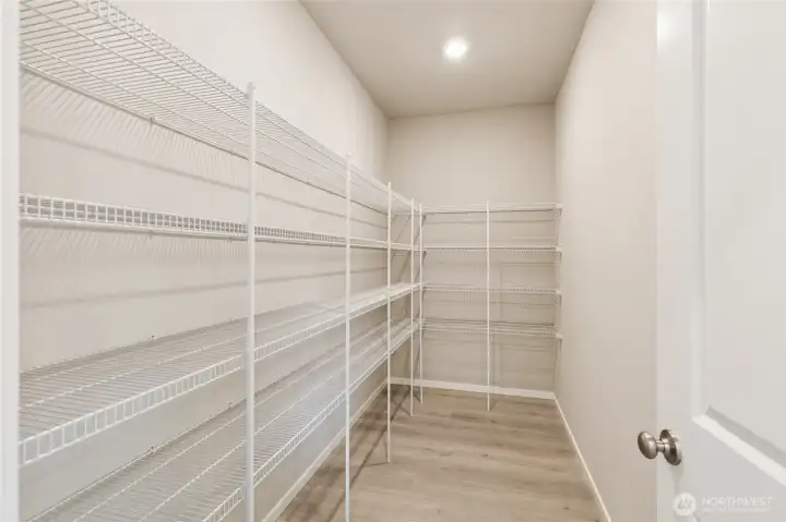 Expansive walk-in pantry featuring multi-tiered shelving for maximum storage. Photos are representative only and may display different color package and/or upgrades.