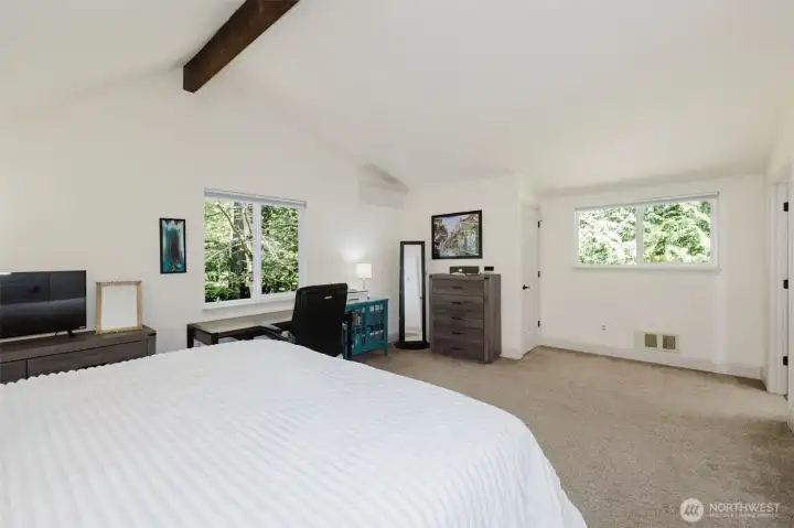 Vaulted ceiling in primary bedroom.