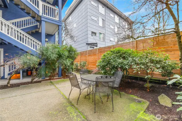 Well maintained courtyard with native evergreens and perennials.