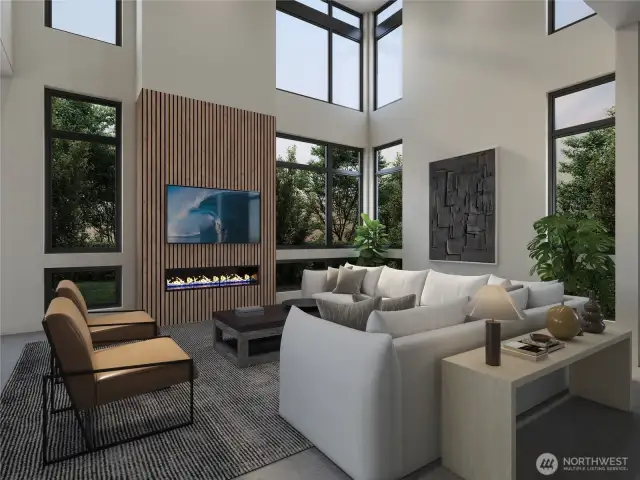*RENDERING OF LOT 2 Great room  - For representation purposes only**  Details like polished concrete floors and a floor-to-ceiling acoustic slat wall fireplace offer more than visual appeal—they’re statements of elevated living