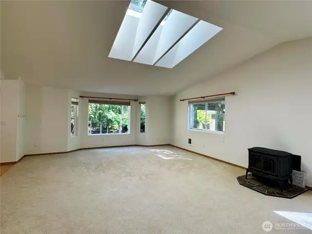 Large Living room with Pellet stove and sky lights