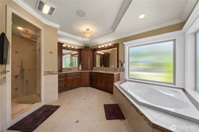 Primary 5 pc bath w/tile, granite & continued millwork details around the windows & ceiling.