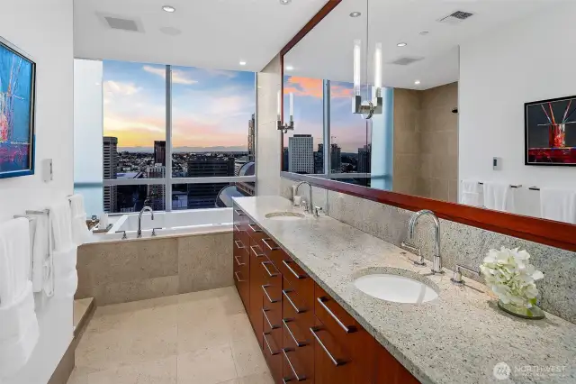 unwind to magical city views in this oversized jetted tub