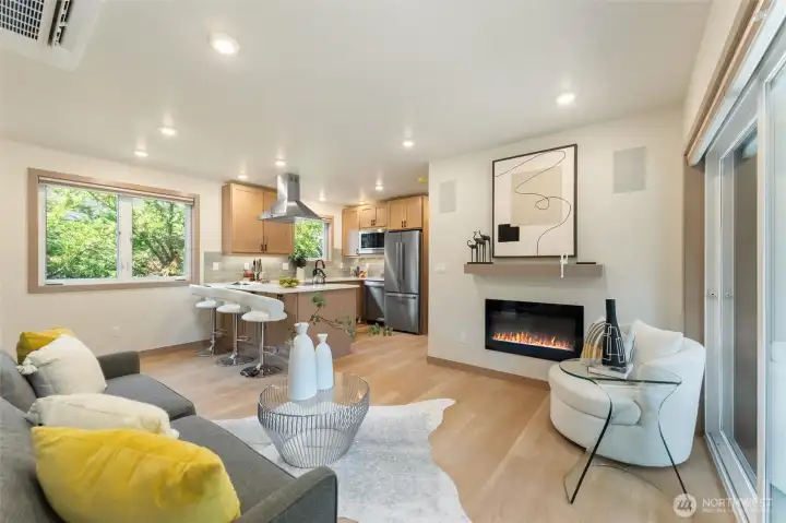 Electric fireplace for ambience and comfort.