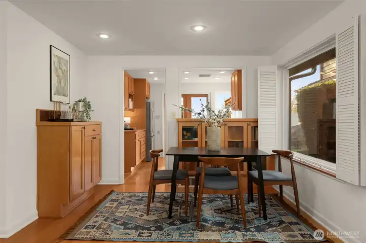 Dining room with built in cabinets.