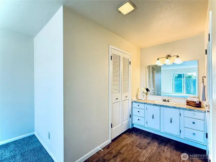 Primary European style full bathroom and walk-in closet