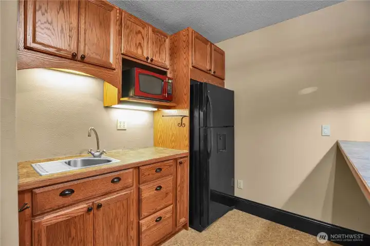 Kitchenette w/ mini sink, microwave, top-freezer refrigerator