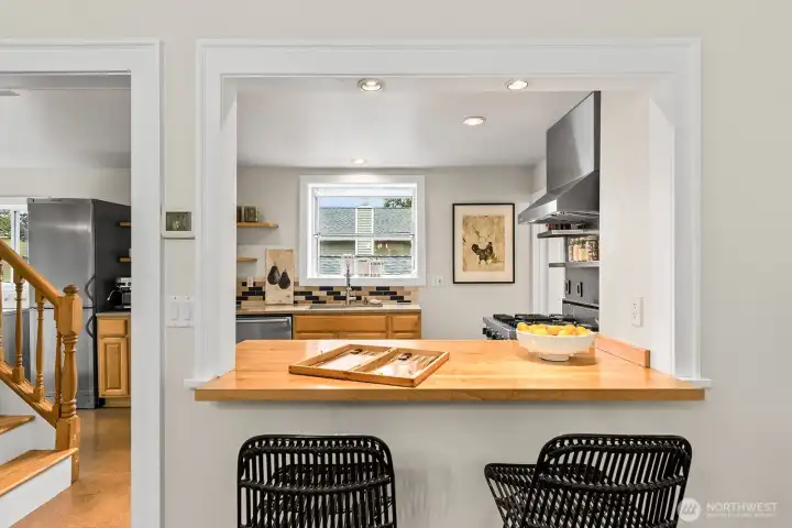 Kitchen counter between the kitchen and dining room.  Great spot for prepping meals and entertaining.