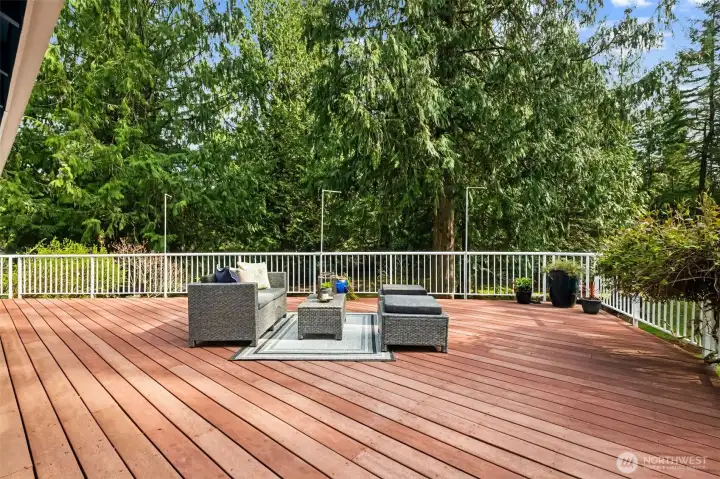 The deck overlooks a rare find in Mirrormont: a mostly flat, usable backyard. This outdoor space is a true gem—offering a park-like setting with mature trees that provide both shade and a sense of tranquility, while open, sunlit areas create endless possibilities for gardening, recreation, or future enhancements.