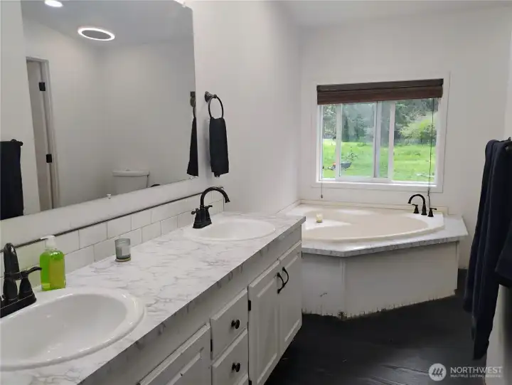 Large ensuite bath featuring dual bathing spaces