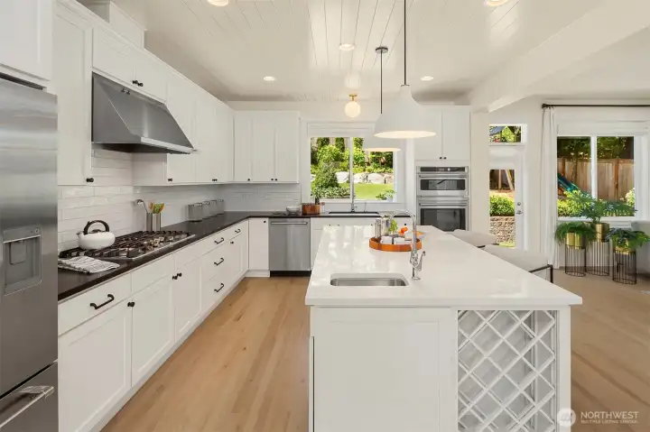 Kitchen with shiplap ceiling and more wine storage. Kitchen with shiplap ceiling and more wine storage.