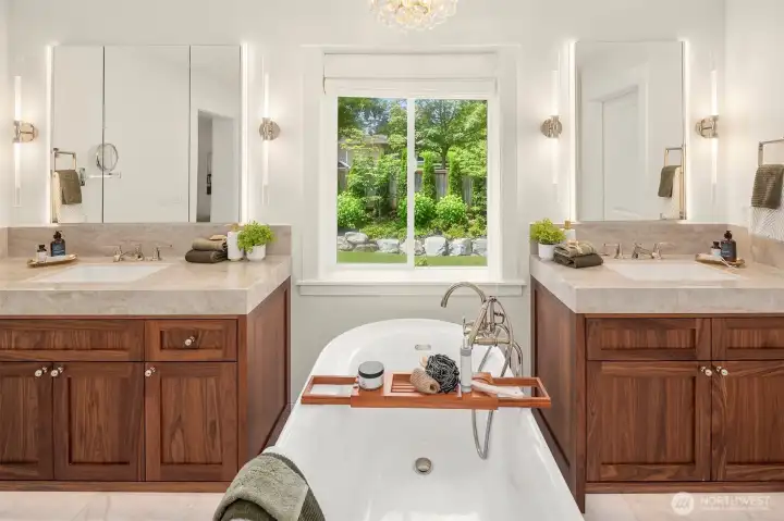Sumptuous tub and vanities with marble countertops, Lefroy Brooks fixtures, and great lighting. Sumptuous tub and vanities with marble countertops, Lefroy Brooks fixtures, and great lighting.