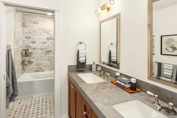 Bathroom with Dekton countertops and Lefroy Brooks fixtures. Bathroom with Dekton countertops and Lefroy Brooks fixtures.