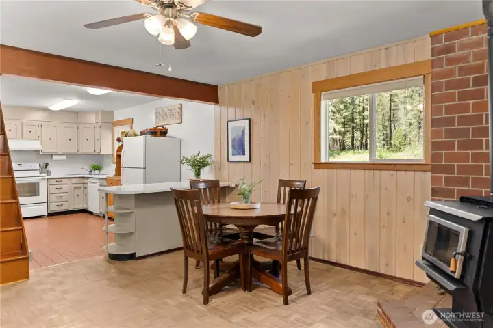 Wood stove, forest views, and comfortable living spaces define this classic Methow River cabin Wood stove, forest views, and comfortable living spaces define this classic Methow River cabin