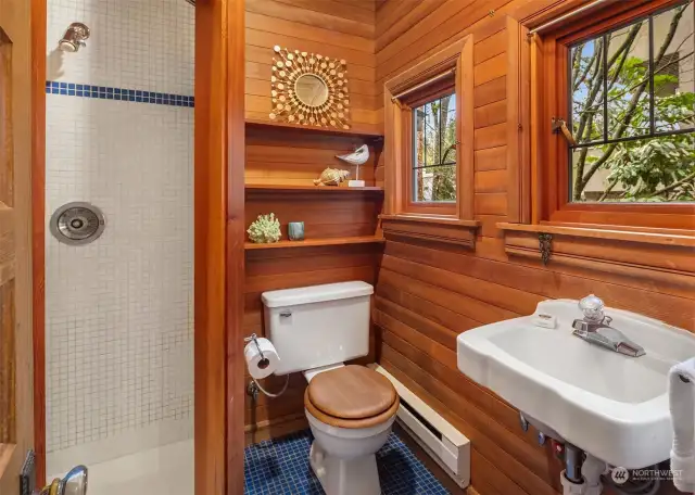Charming bathroom wood plank walls