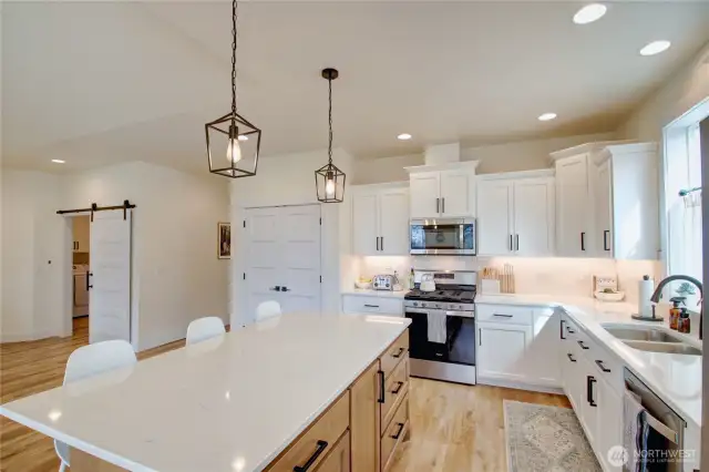 Custom cabinetry, quartz countertops, stainless appliances, modern lighting,