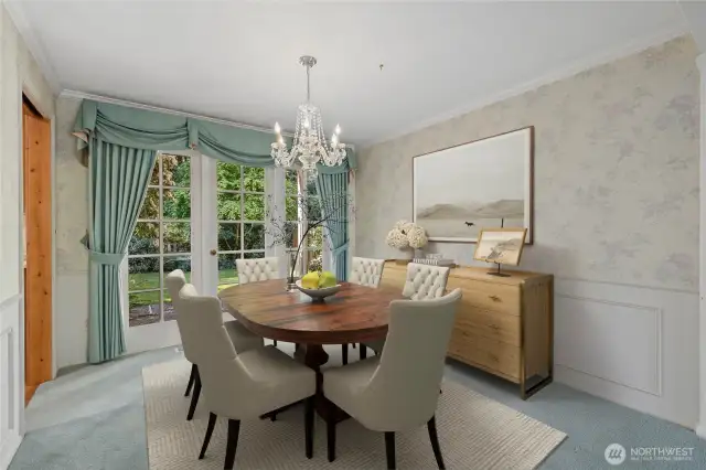 Elegant dining room virtually staged.