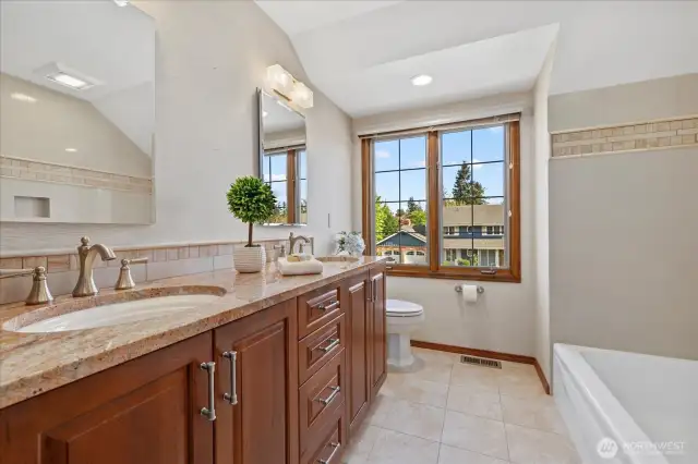 Full bathroom with extra large double vanity upstairs.