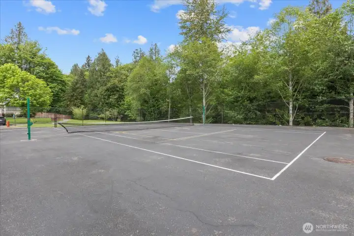 Community sport court provides space for pickleball, tennis, & outdoor recreation surrounded by beautiful greenery.