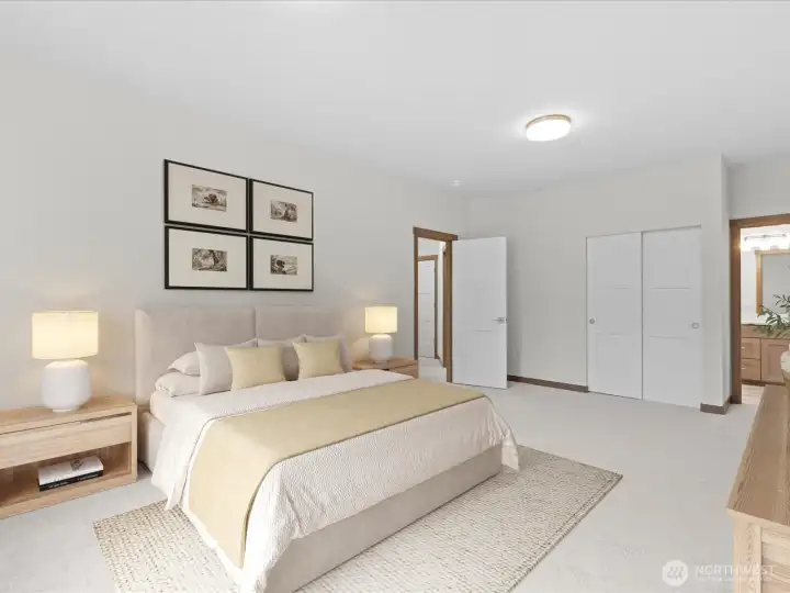 Spacious upper-level bedroom featuring a bright, virtually staged layout and the added convenience of a Jack and Jill bath.