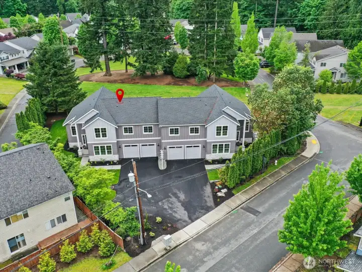 Stunning drone perspective showcasing a phenomenal location close to the Tolt Walking Trail, Burke-Gilman Trail, Bothell Landing Park, and all the dining and shopping in downtown Bothell.