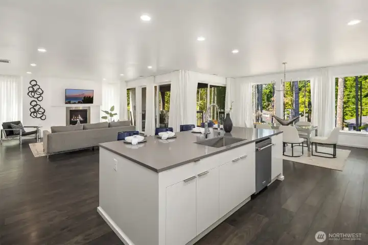 Expansive great room design connects kitchen, dining, living, and covered outdoor space with abundant natural light.