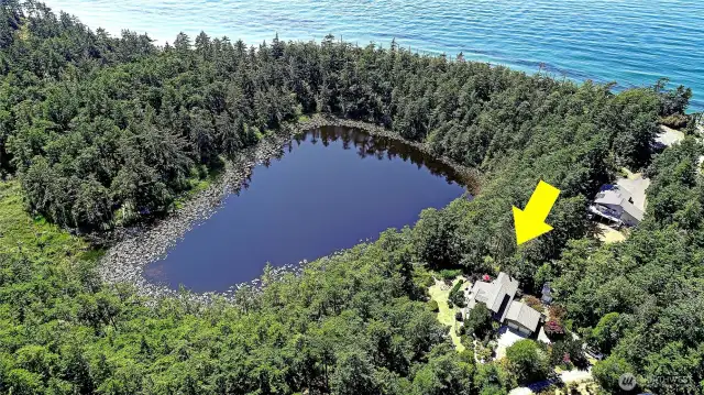 Aerial View showing Home and Location of Lake and Community Beach