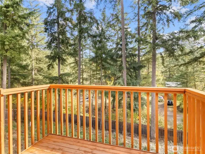Enjoy peaceful moments on the back deck surrounded by trees and fresh air.