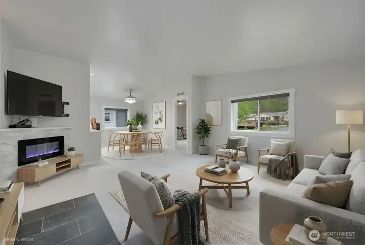 The living and dining room virtually staged.