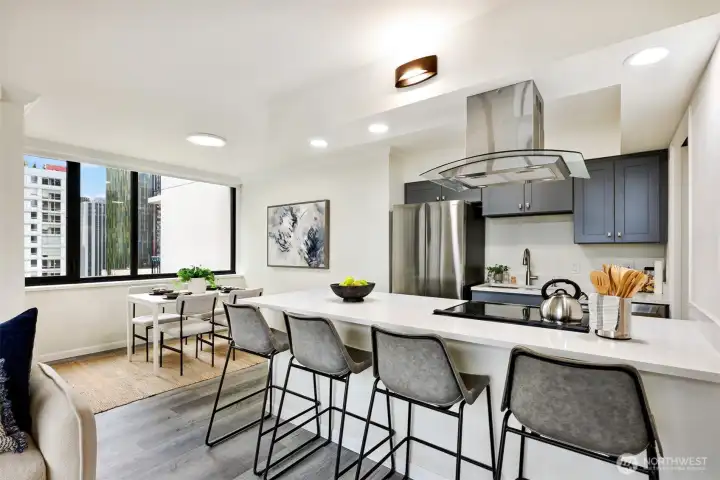 Great spaces for hosting sit down dinners or buffet style wine parties at this 8' wide peninsula. Great spaces for hosting sit down dinners or buffet style wine parties at this 8' wide peninsula.