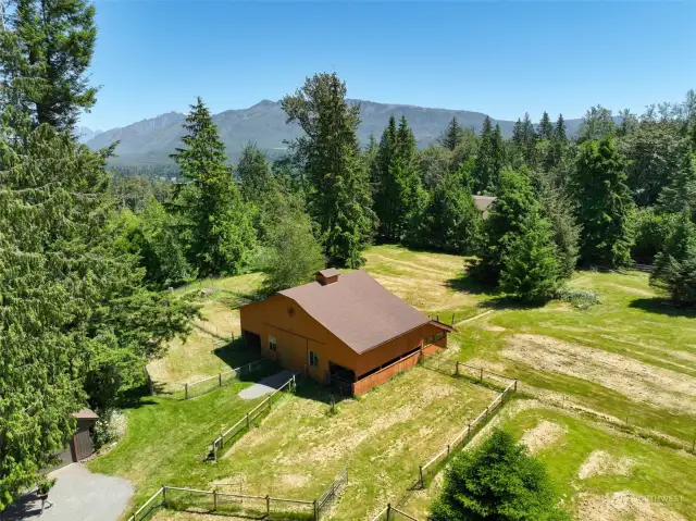 Aerial view of the barn and some of the upper pastures.