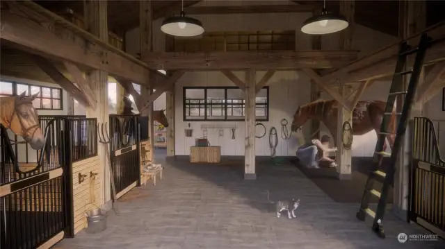 This is a rendering of what the barn space might look like if renovated into stalls and space for horse use.