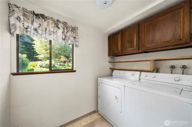 Laundry room is located on the main level, next to the half bath.