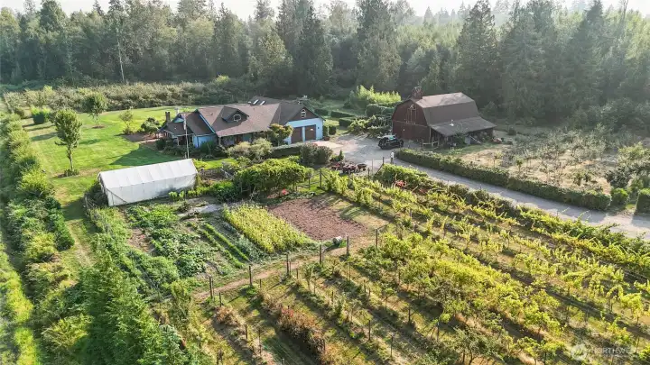 Orchards surrounding the home with seasonal color.
