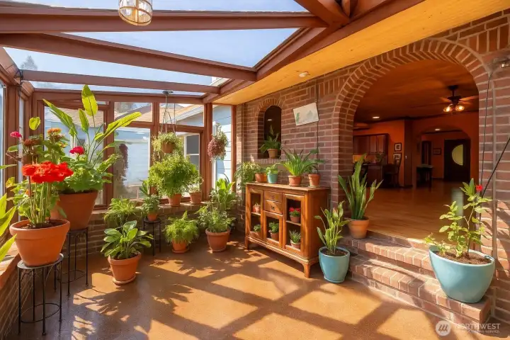 Copper penny–tiled sunroom blending indoors with the gardens outside.