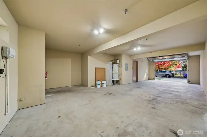 2 car tandem garage w/extra storage & exterior door to patio.