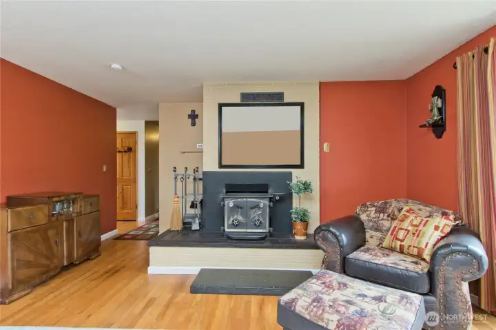 Cozy wood burning stove in family room